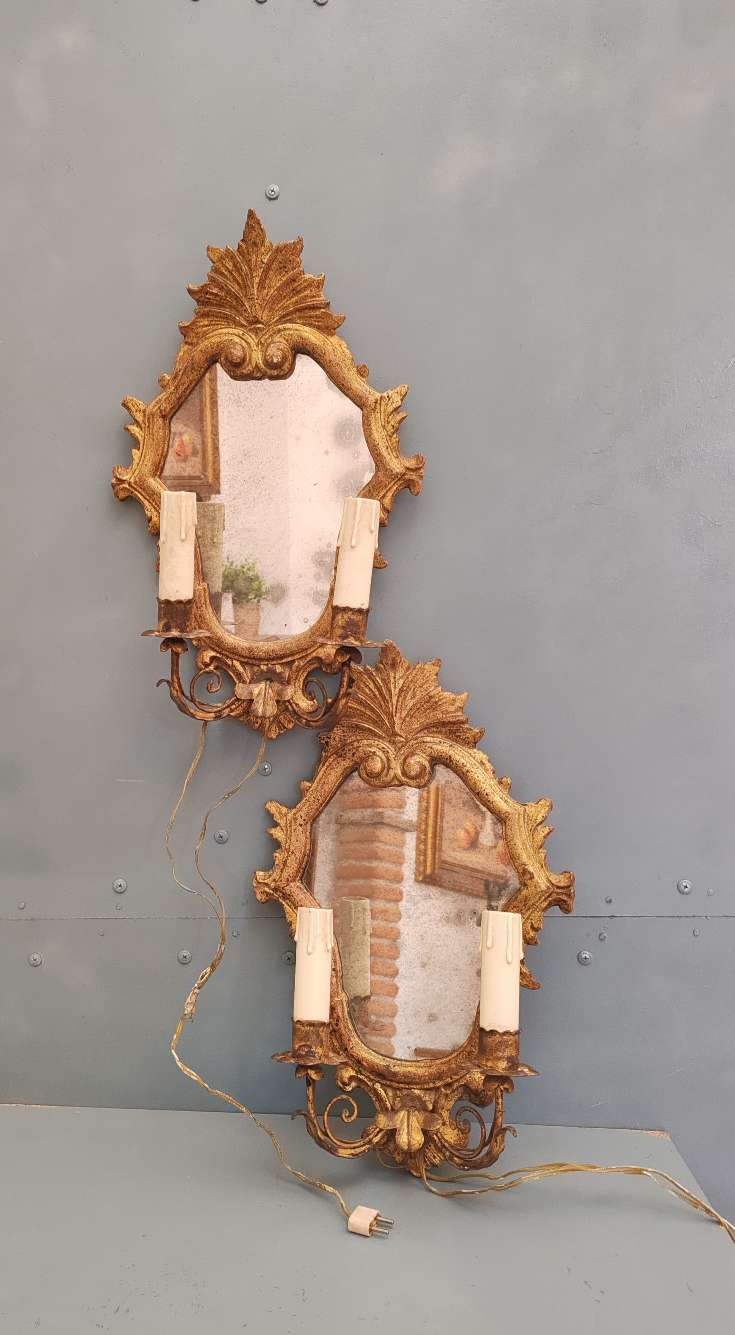 Coppia applique specchiere ventoline legno dorato ferro battuto primi 900