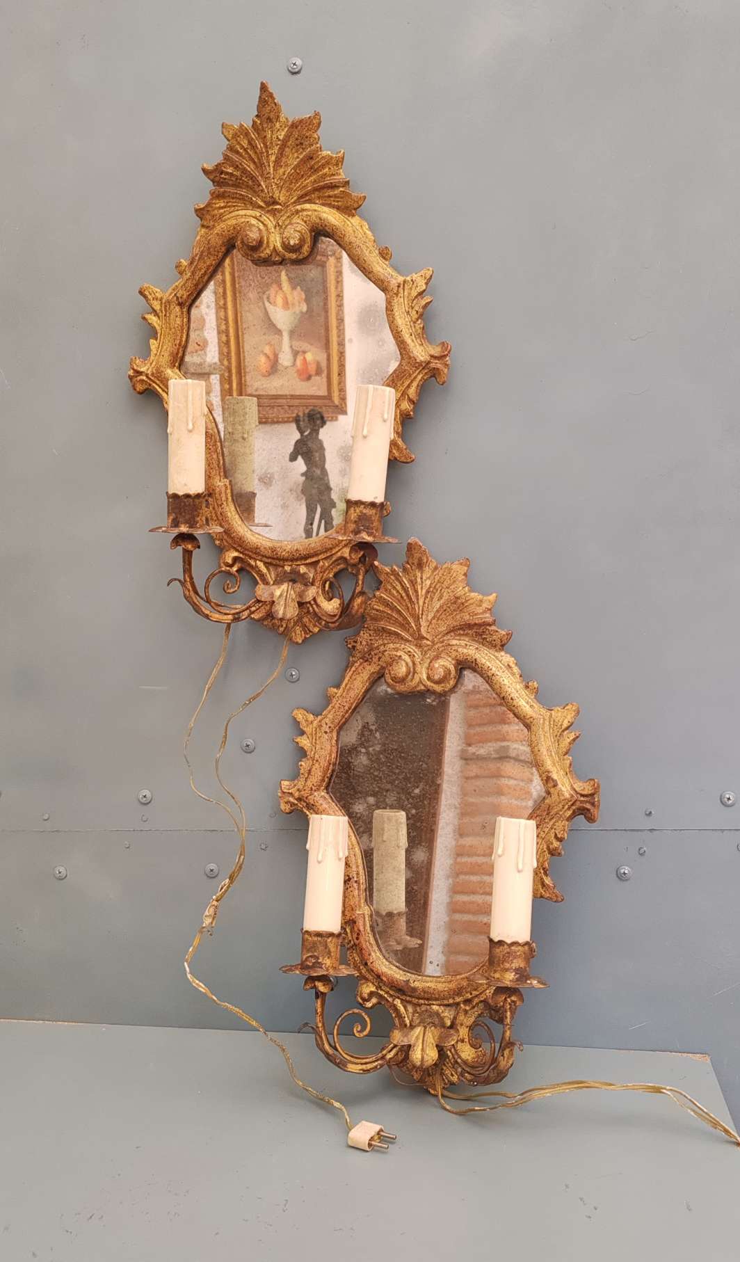 Coppia applique specchiere ventoline legno dorato ferro battuto primi 900