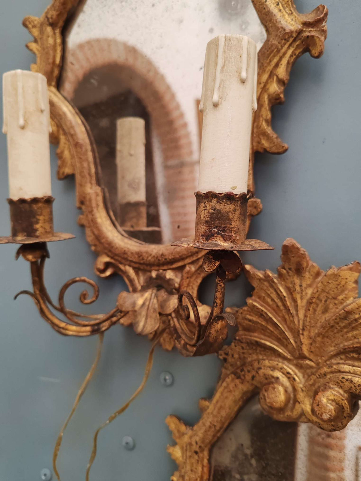 Coppia applique specchiere ventoline legno dorato ferro battuto primi 900