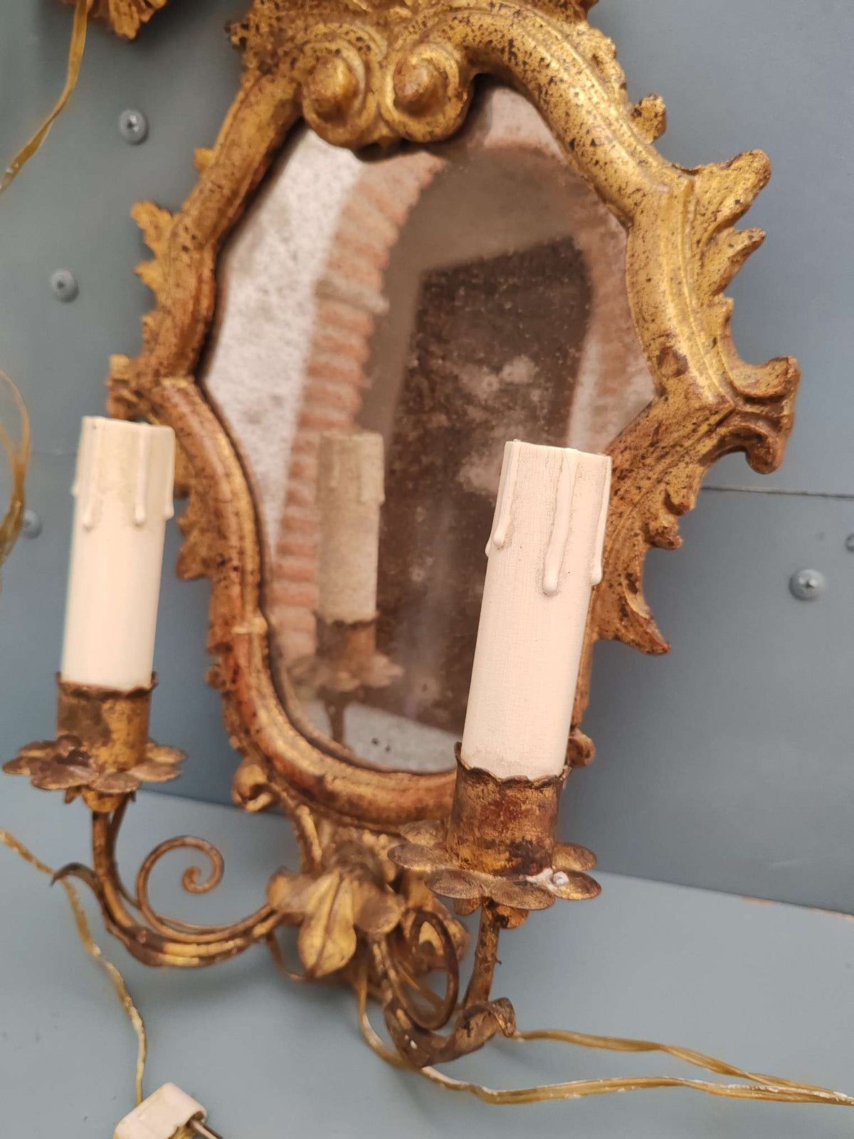 Coppia applique specchiere ventoline legno dorato ferro battuto primi 900