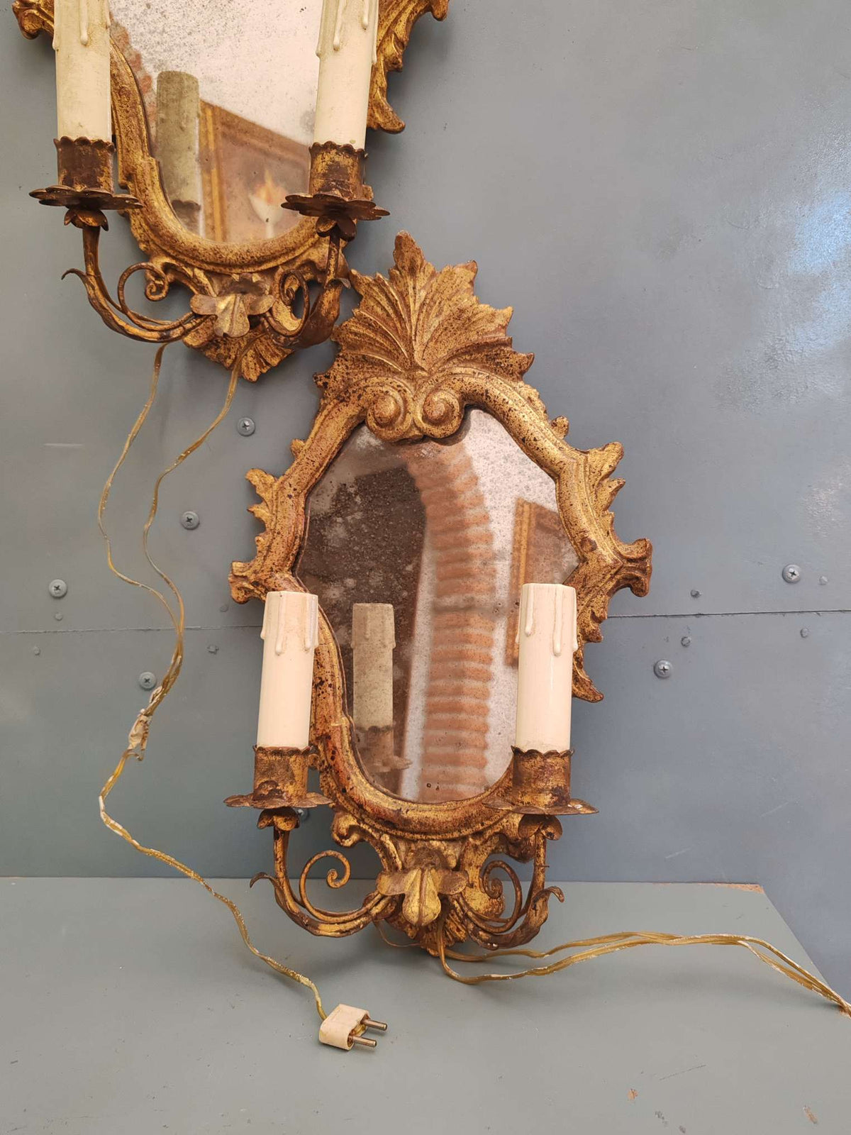 Coppia applique specchiere ventoline legno dorato ferro battuto primi 900