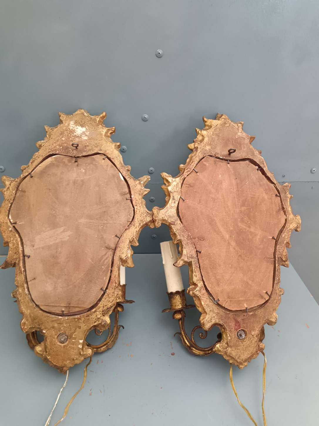 Coppia applique specchiere ventoline legno dorato ferro battuto primi 900