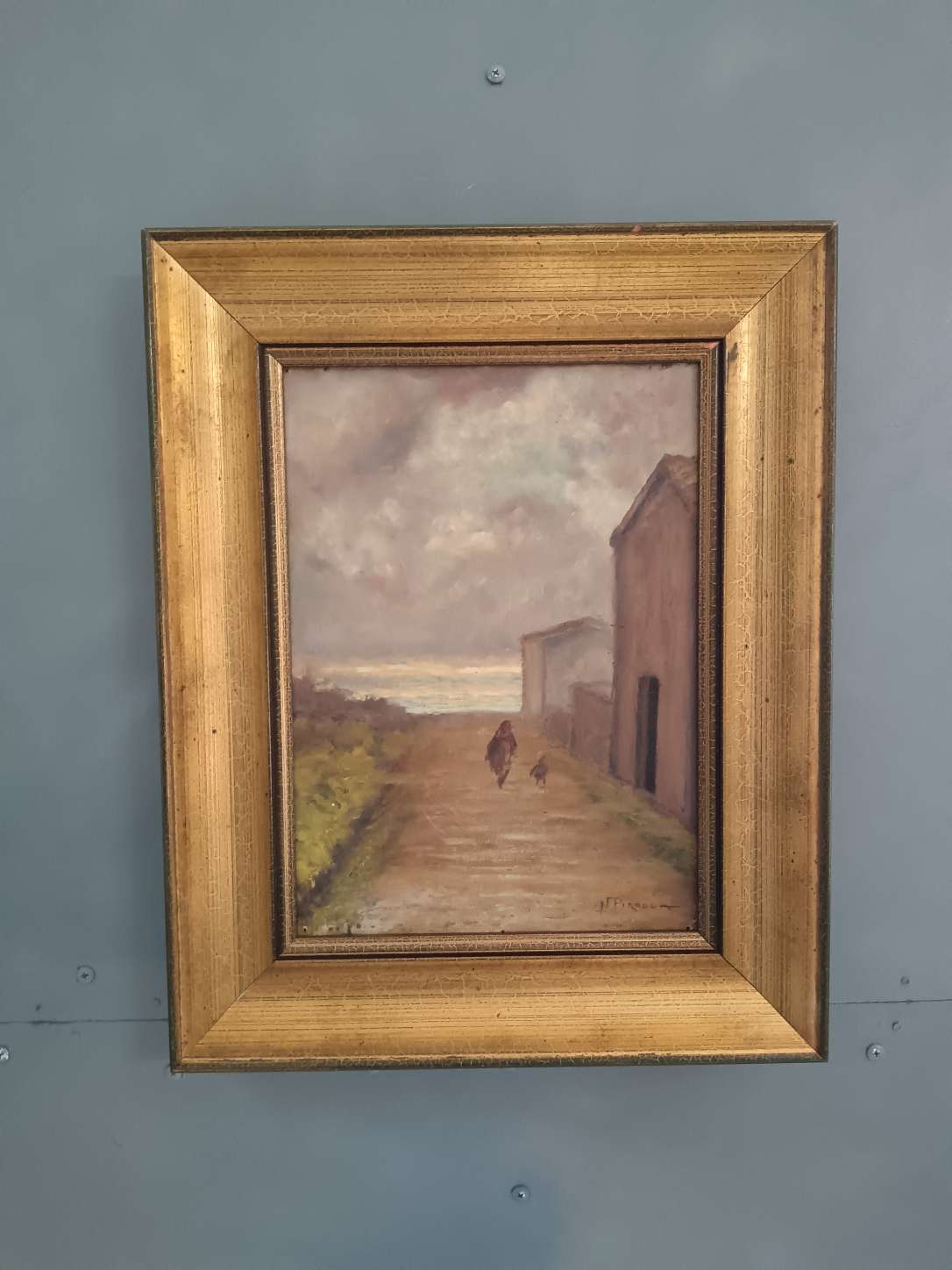 Dipinto Olio su Cartoncino Nicola Pirodda Paesaggio con Figure Quadro Cornice
