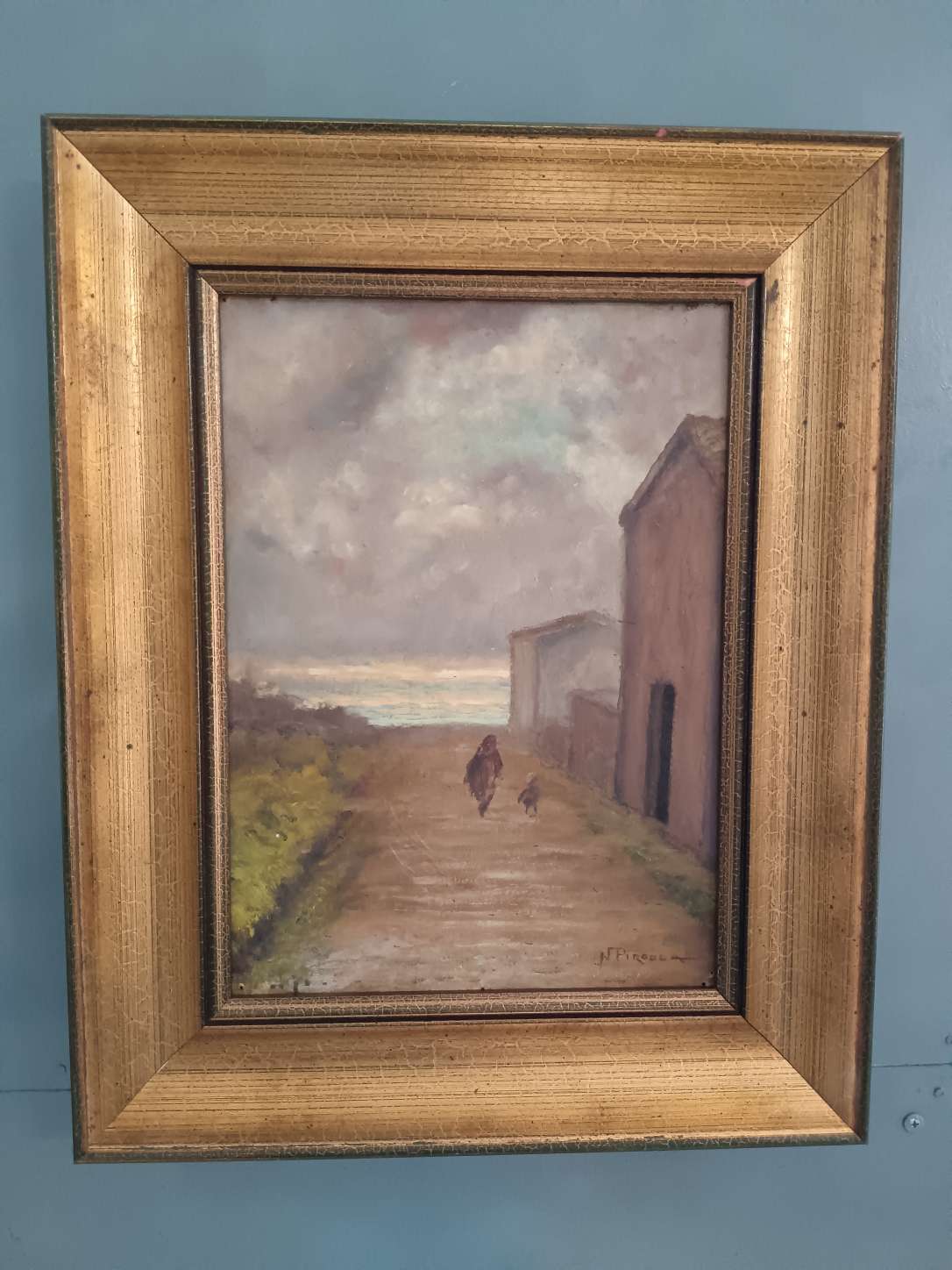 Dipinto Olio su Cartoncino Nicola Pirodda Paesaggio con Figure Quadro Cornice