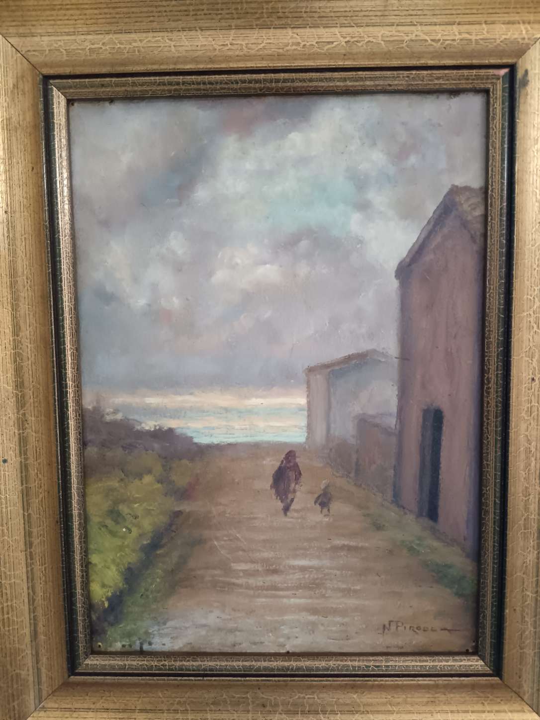 Dipinto Olio su Cartoncino Nicola Pirodda Paesaggio con Figure Quadro Cornice