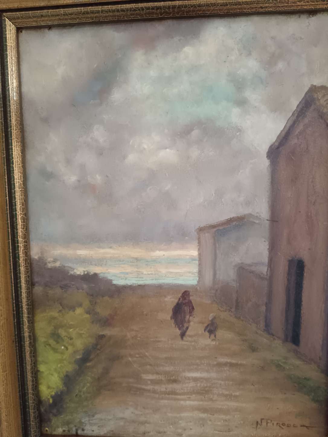 Dipinto Olio su Cartoncino Nicola Pirodda Paesaggio con Figure Quadro Cornice