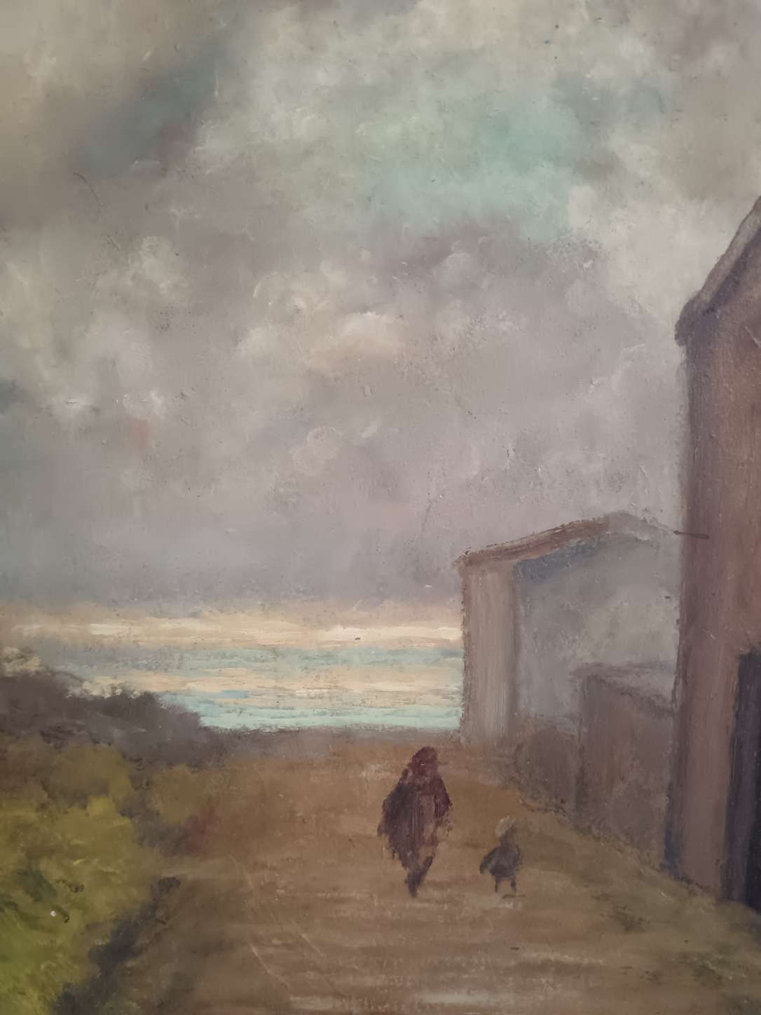 Dipinto Olio su Cartoncino Nicola Pirodda Paesaggio con Figure Quadro Cornice