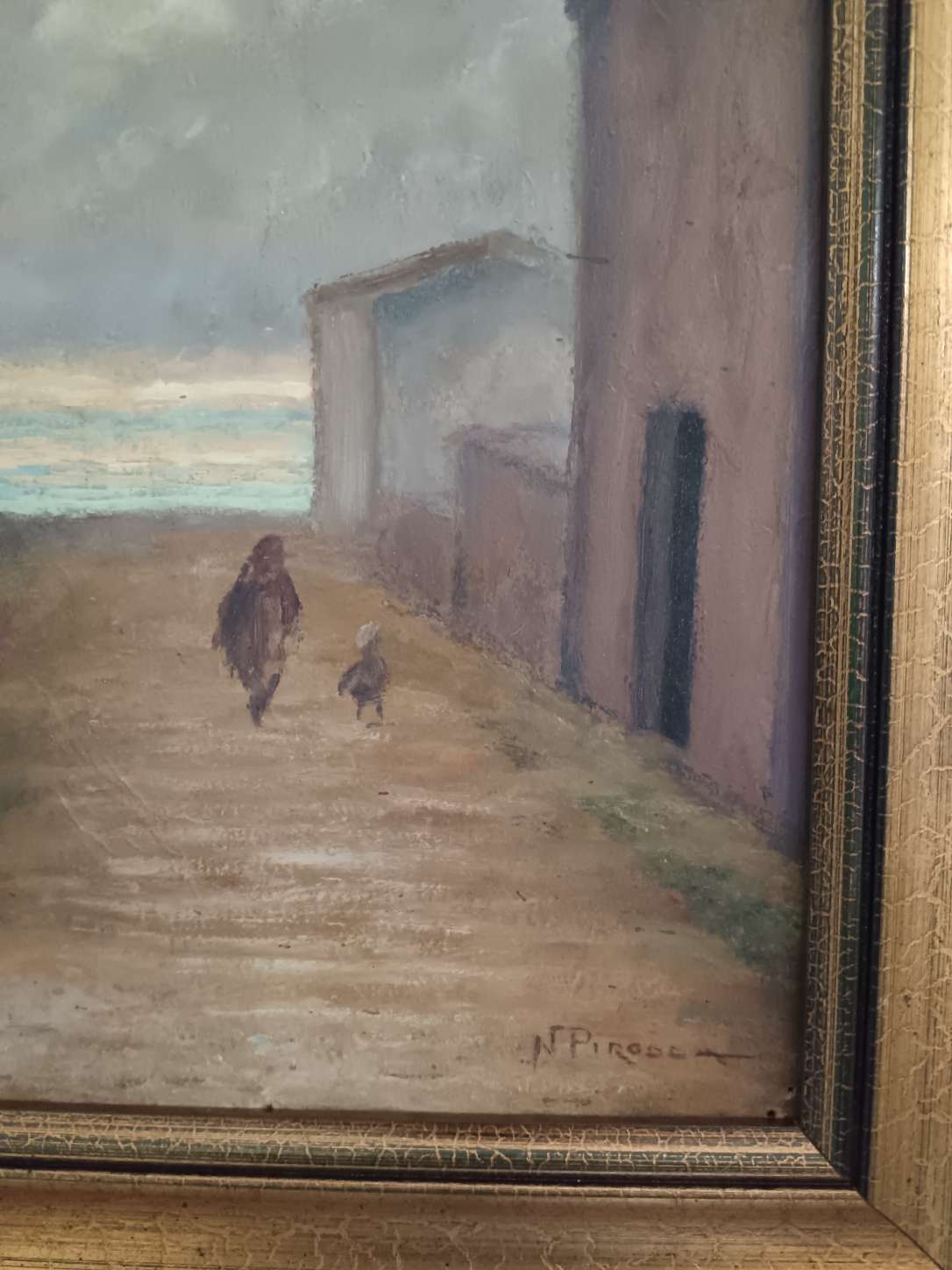 Dipinto Olio su Cartoncino Nicola Pirodda Paesaggio con Figure Quadro Cornice