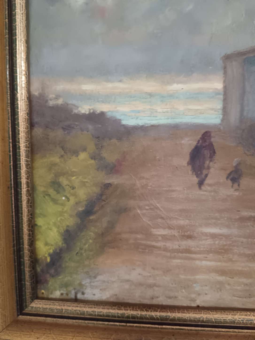 Dipinto Olio su Cartoncino Nicola Pirodda Paesaggio con Figure Quadro Cornice