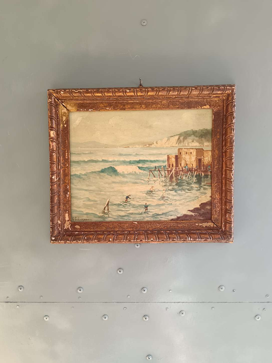 Dipinto antico marina con bagnanti olio su tavola A. Colucci con cornice epoca