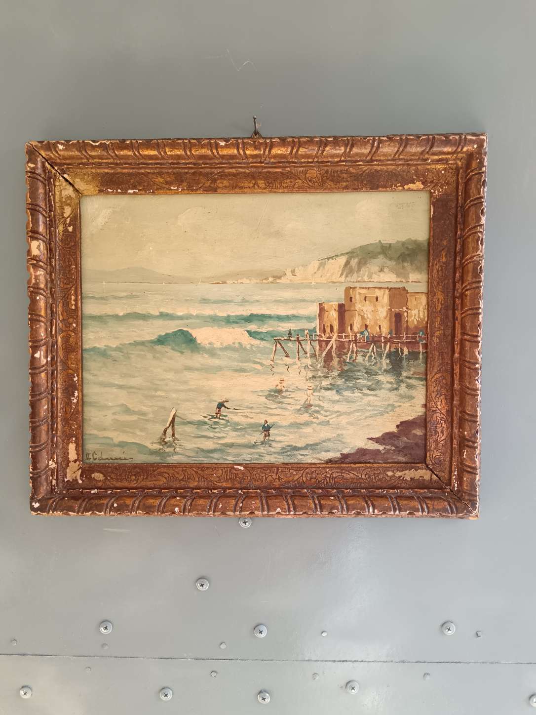 Dipinto antico marina con bagnanti olio su tavola A. Colucci con cornice epoca