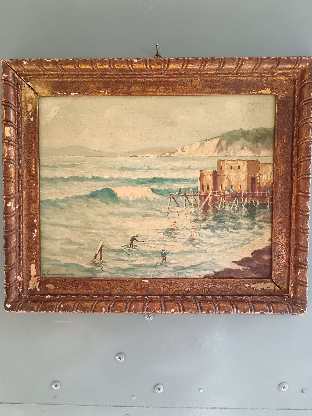 Dipinto antico marina con bagnanti olio su tavola A. Colucci con cornice epoca