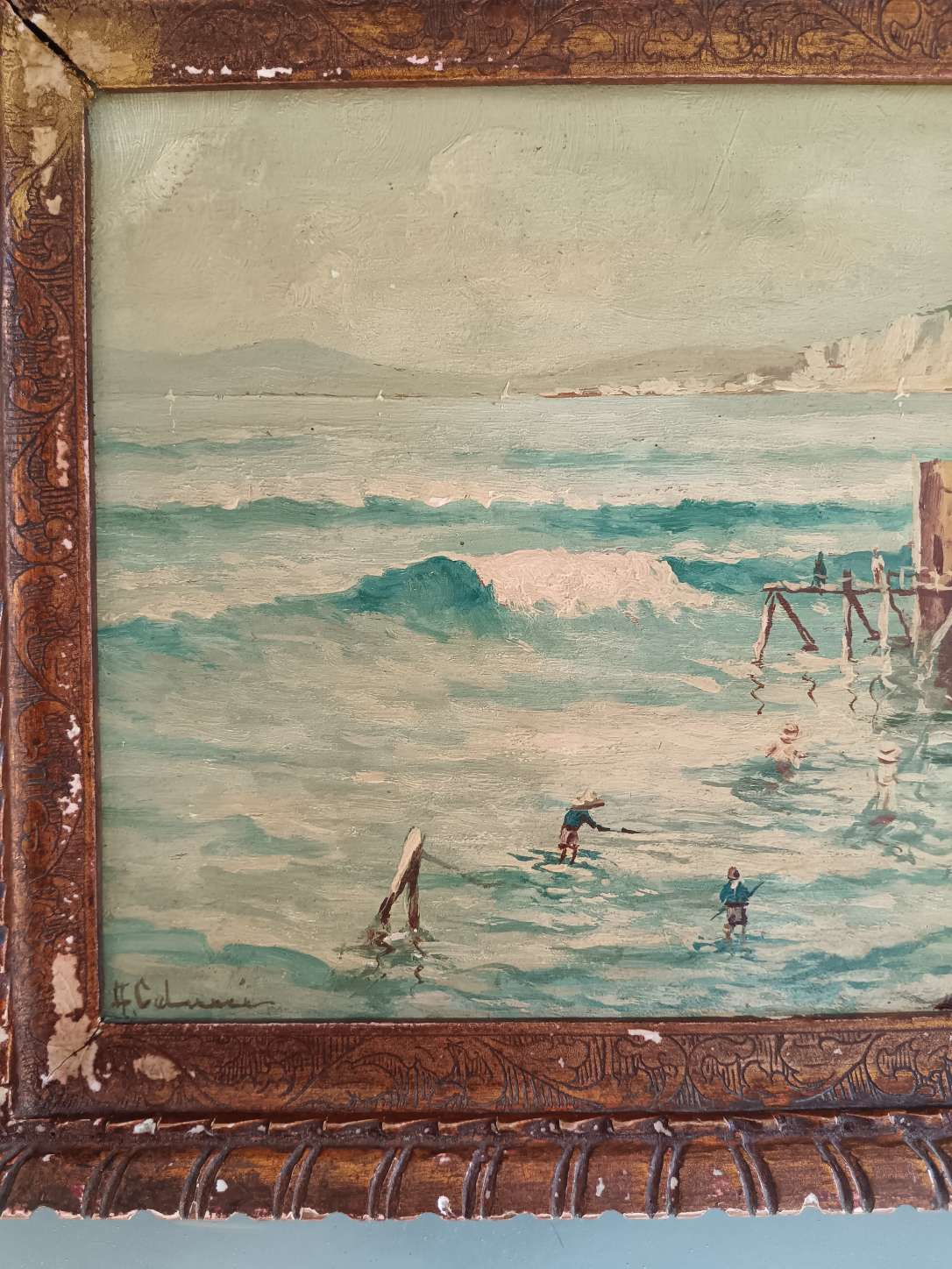 Dipinto antico marina con bagnanti olio su tavola A. Colucci con cornice epoca