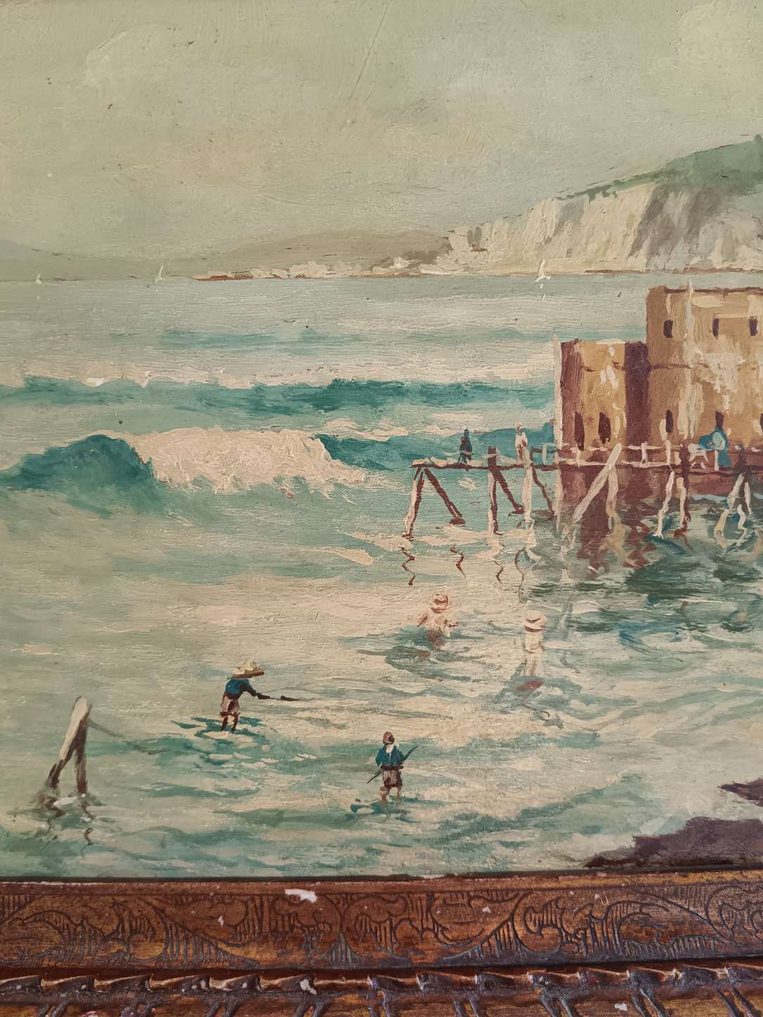 Dipinto antico marina con bagnanti olio su tavola A. Colucci con cornice epoca
