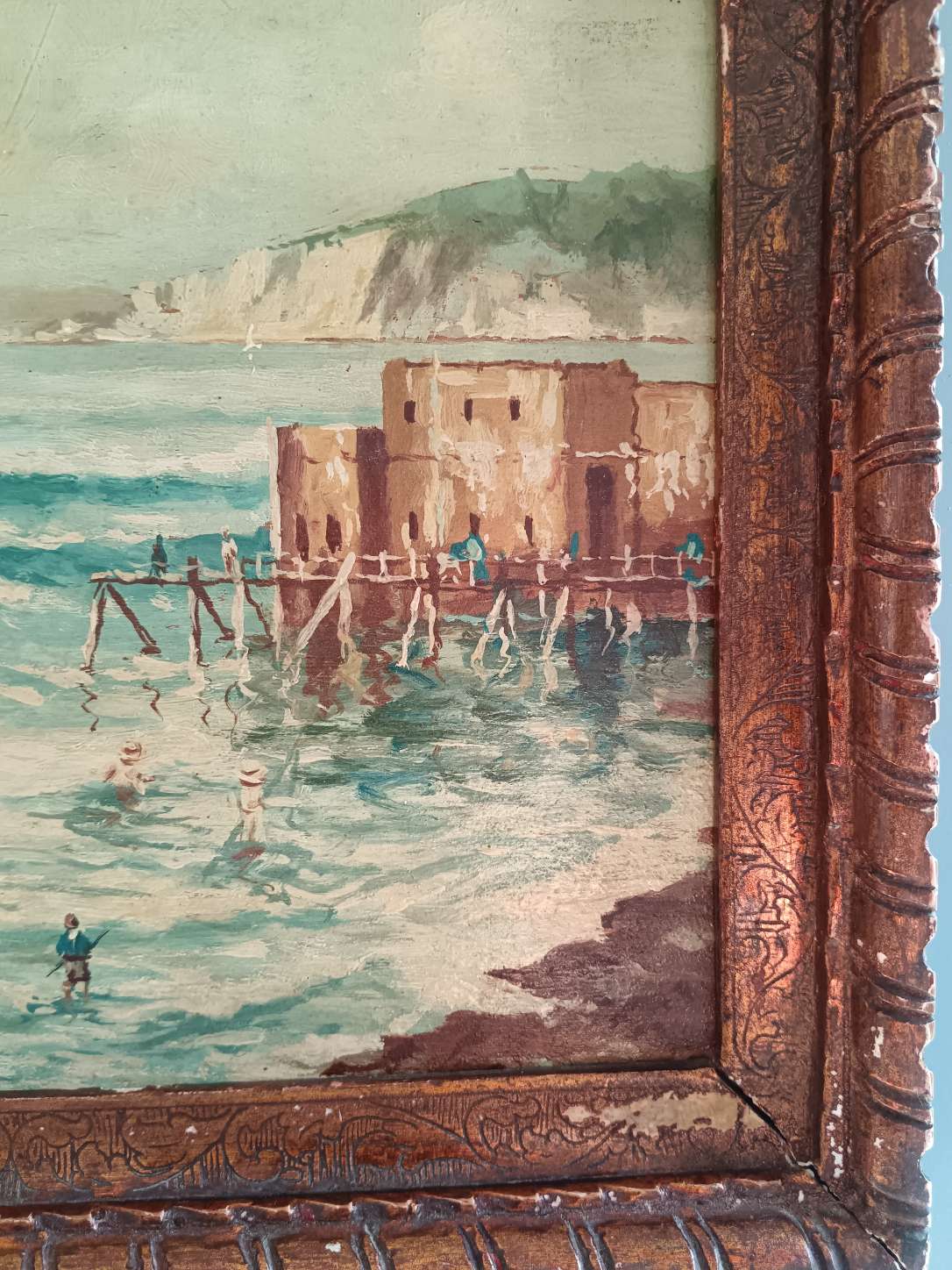 Dipinto antico marina con bagnanti olio su tavola A. Colucci con cornice epoca