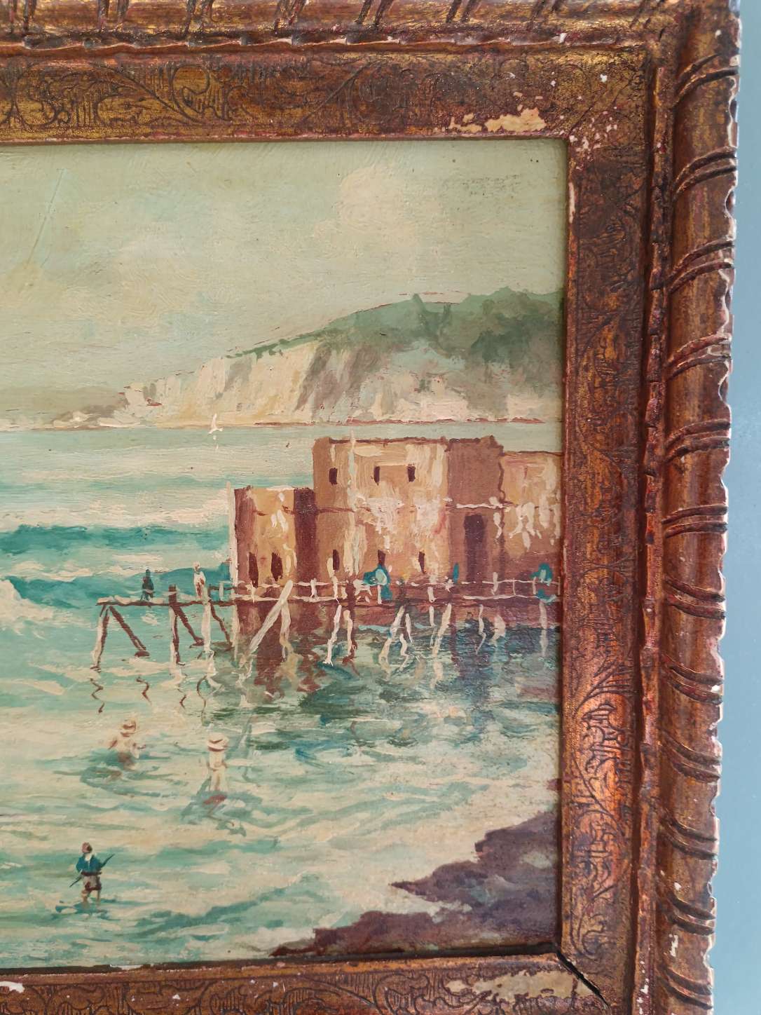 Dipinto antico marina con bagnanti olio su tavola A. Colucci con cornice epoca