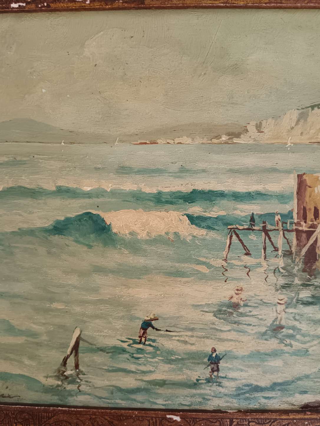 Dipinto antico marina con bagnanti olio su tavola A. Colucci con cornice epoca