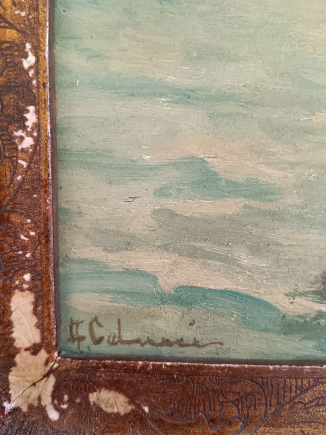 Dipinto antico marina con bagnanti olio su tavola A. Colucci con cornice epoca