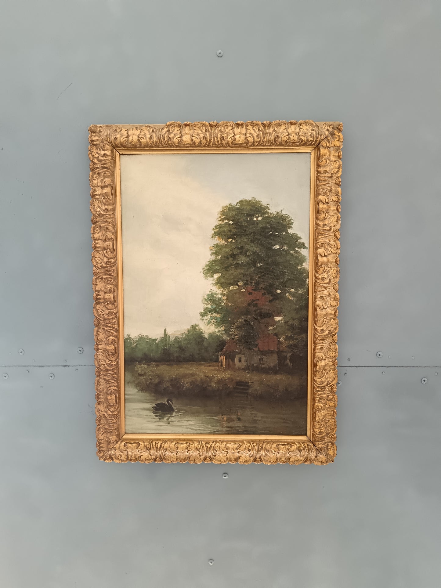 Antico paesaggio romantico dipinto olio su tela epoca prima metà del '900