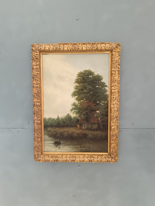 Antico paesaggio romantico dipinto olio su tela epoca prima metà del '900