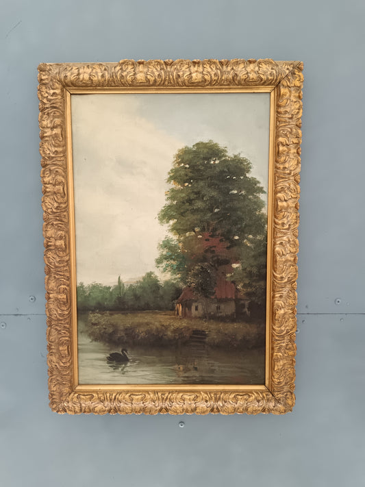 Antico paesaggio romantico dipinto olio su tela epoca prima metà del '900