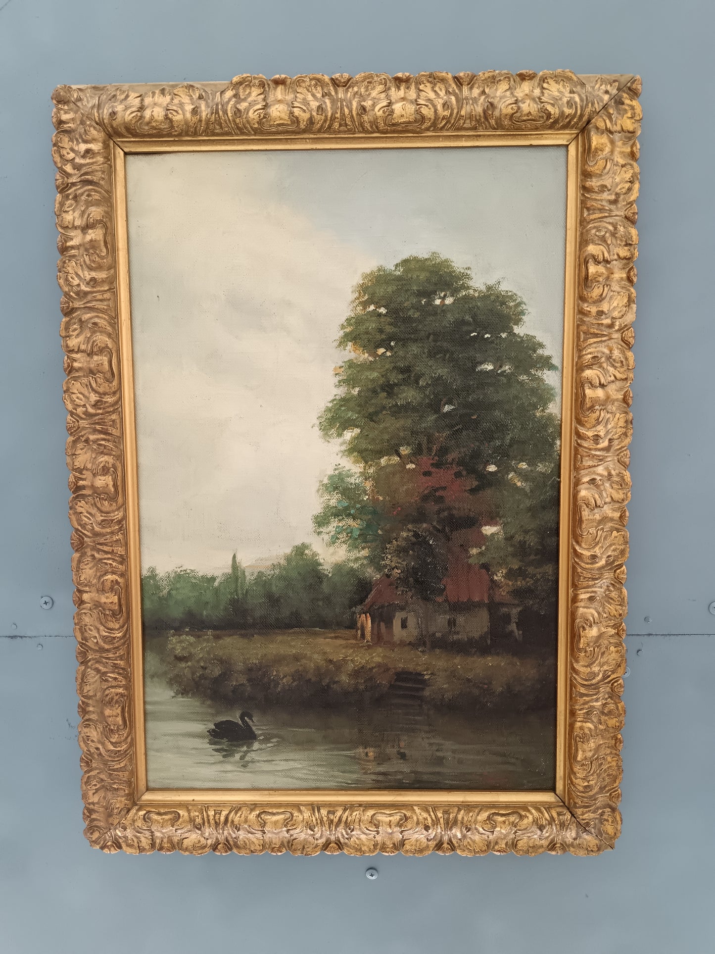 Antico paesaggio romantico dipinto olio su tela epoca prima metà del '900