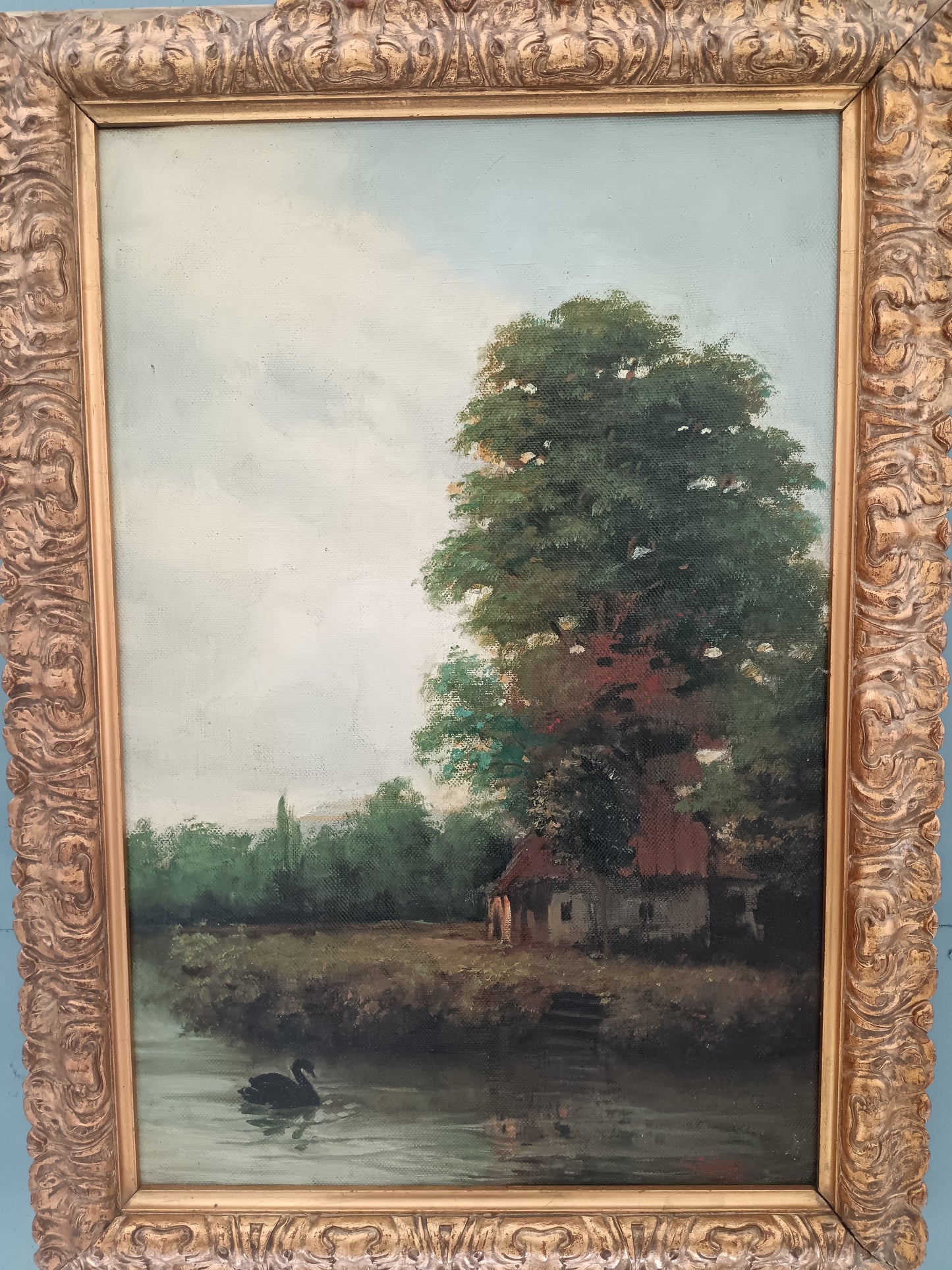 Antico paesaggio romantico dipinto olio su tela epoca prima metà del '900