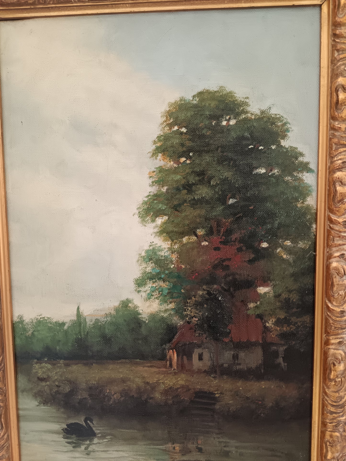 Antico paesaggio romantico dipinto olio su tela epoca prima metà del '900