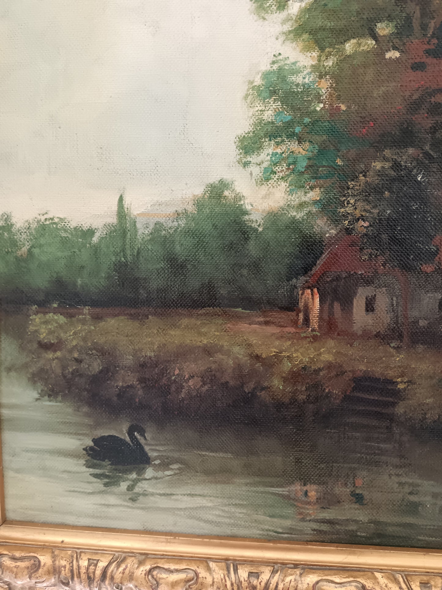Antico paesaggio romantico dipinto olio su tela epoca prima metà del '900