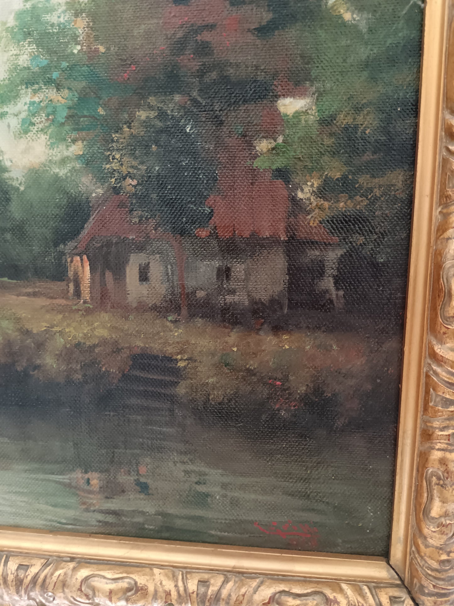 Antico paesaggio romantico dipinto olio su tela epoca prima metà del '900