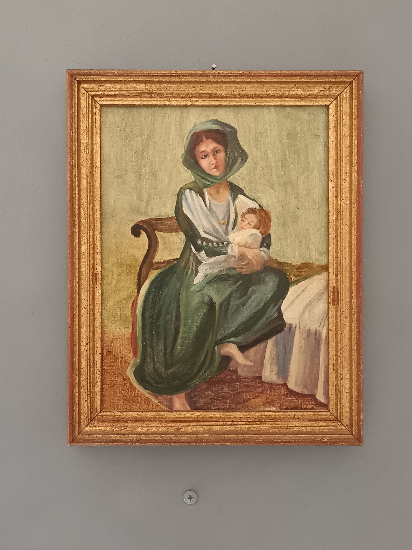 V. Sanna – Olio su Tela Scuola Sarda Madre con Bambino Quadro Vintage Firmato