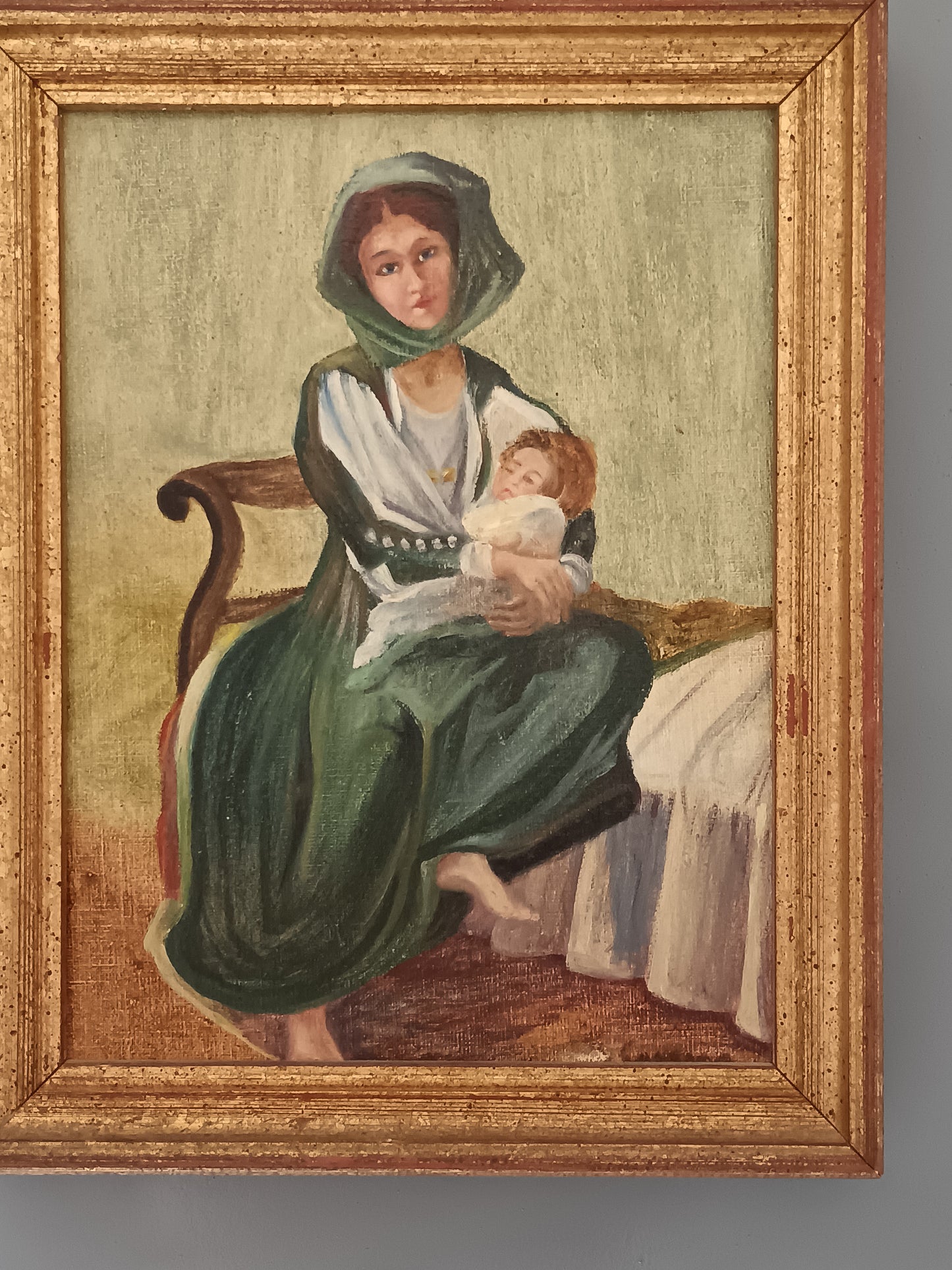 V. Sanna – Olio su Tela Scuola Sarda Madre con Bambino Quadro Vintage Firmato