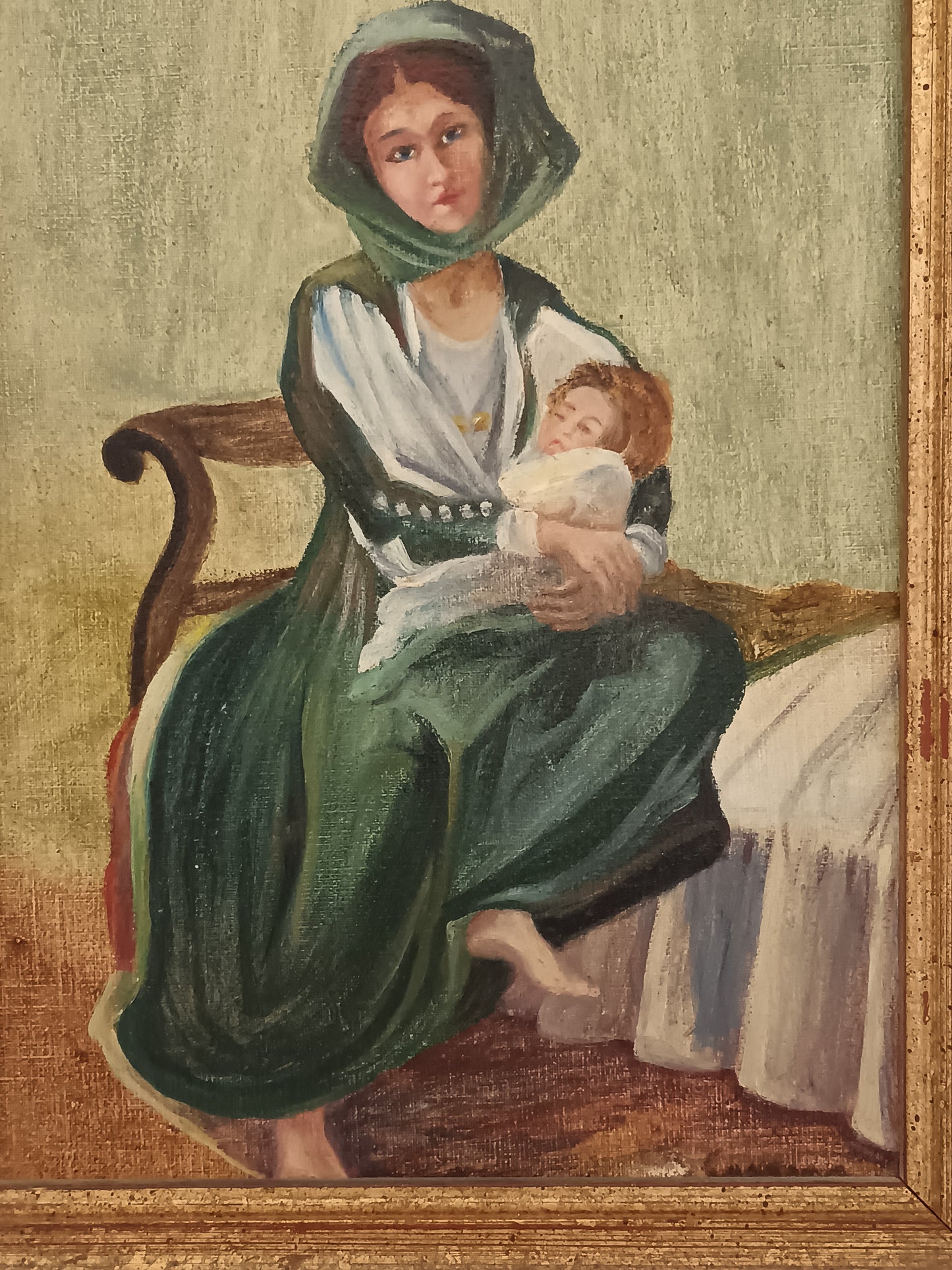 V. Sanna – Olio su Tela Scuola Sarda Madre con Bambino Quadro Vintage Firmato