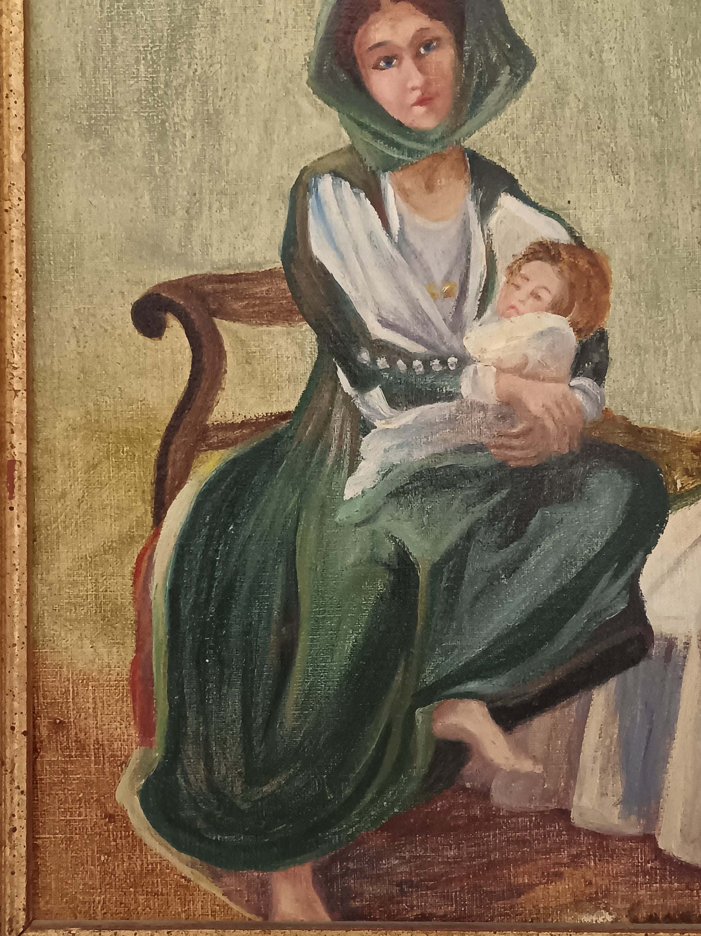 V. Sanna – Olio su Tela Scuola Sarda Madre con Bambino Quadro Vintage Firmato