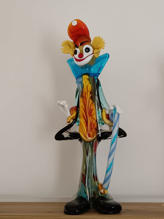 Scultura in vetro di Murano, epoca anni 70, clown con bastone