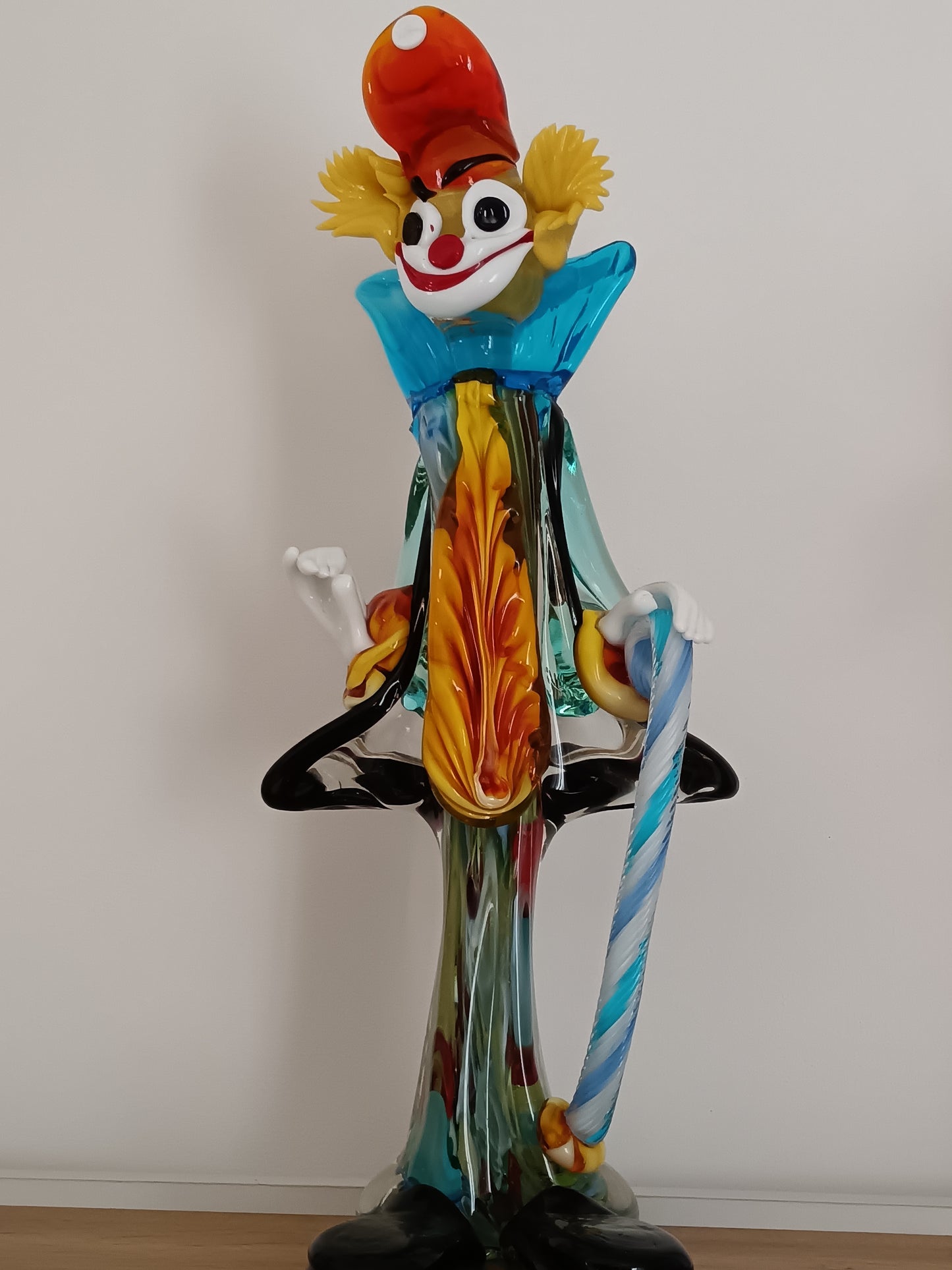 Scultura in vetro di Murano, epoca anni 70, clown con bastone