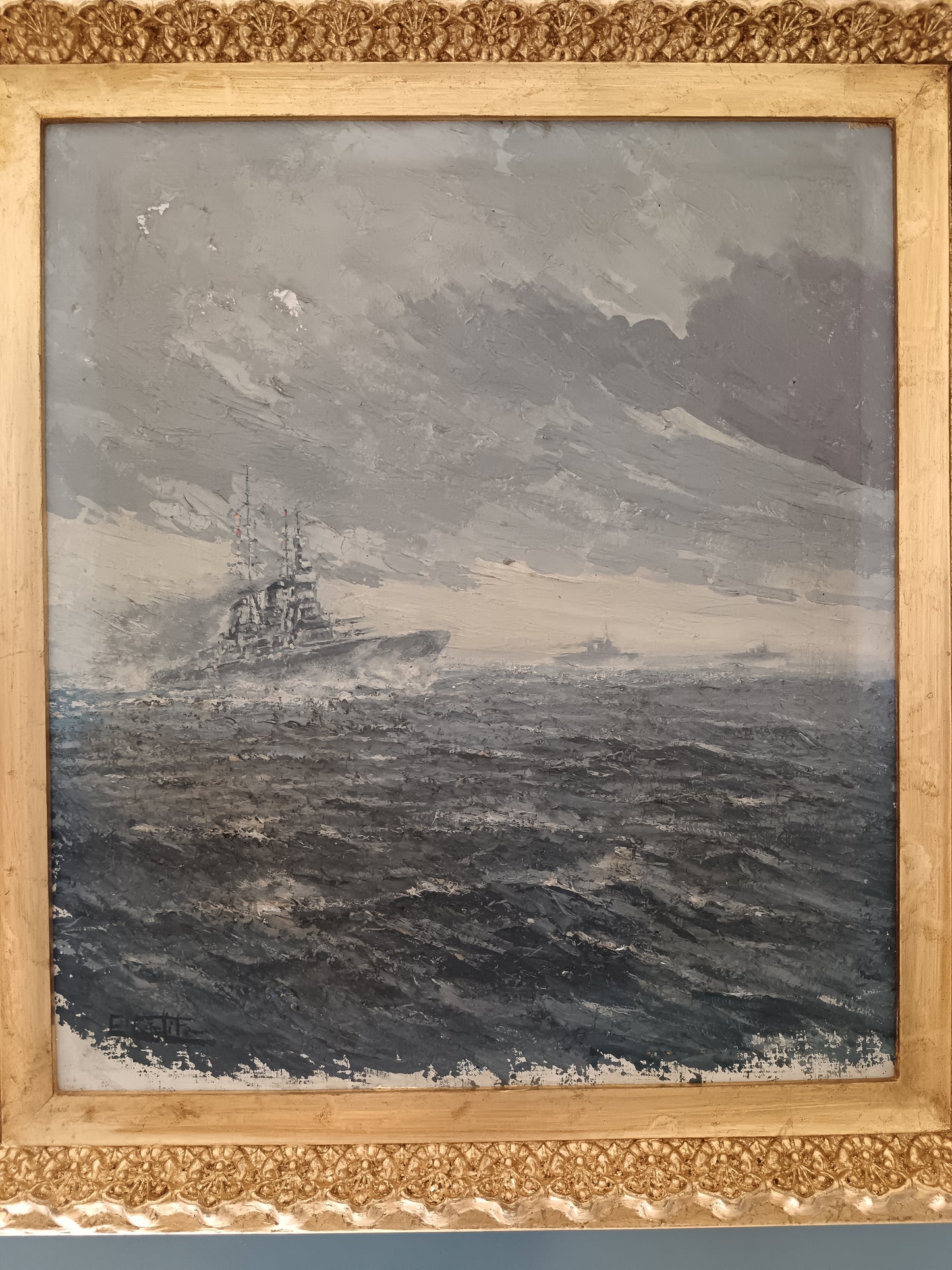 Enrico Napolitano Marina Militare Nave da Guerra Olio Materico su supporto rigido
