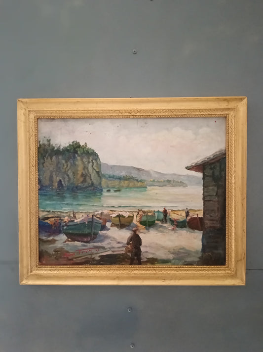 Mario Fumia (1931-2013) – Marina con barche e scogliera, olio su cartoncino