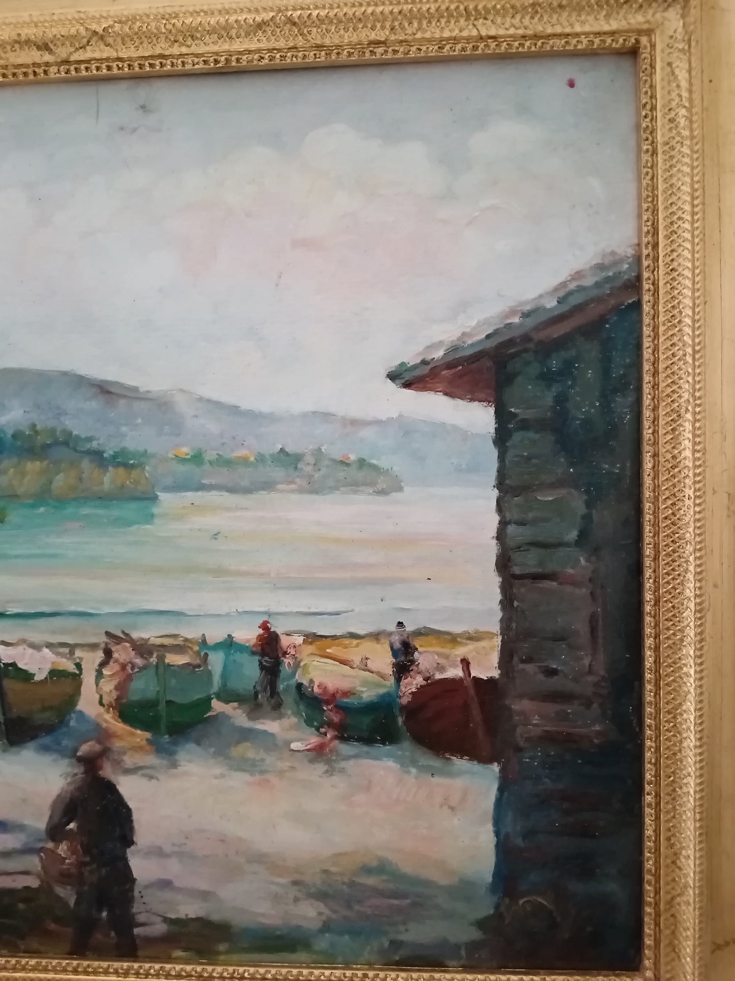 Mario Fumia (1931-2013) – Marina con barche e scogliera, olio su cartoncino