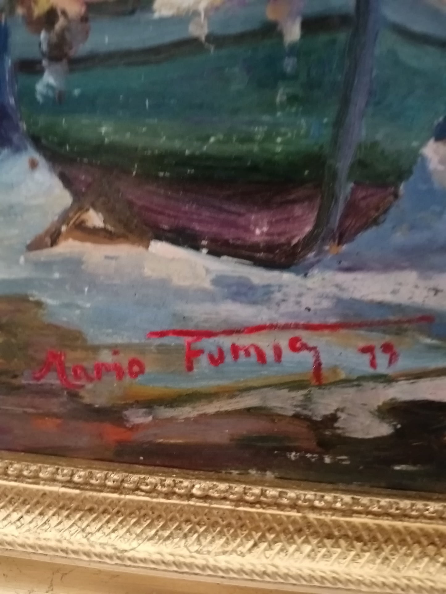 Mario Fumia (1931-2013) – Marina con barche e scogliera, olio su cartoncino