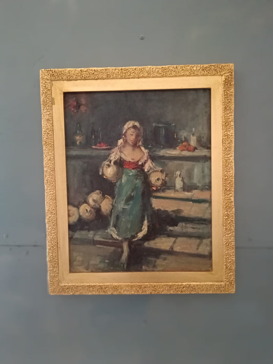 Elegante figura femminile con brocche – Olio su tela del Novecento