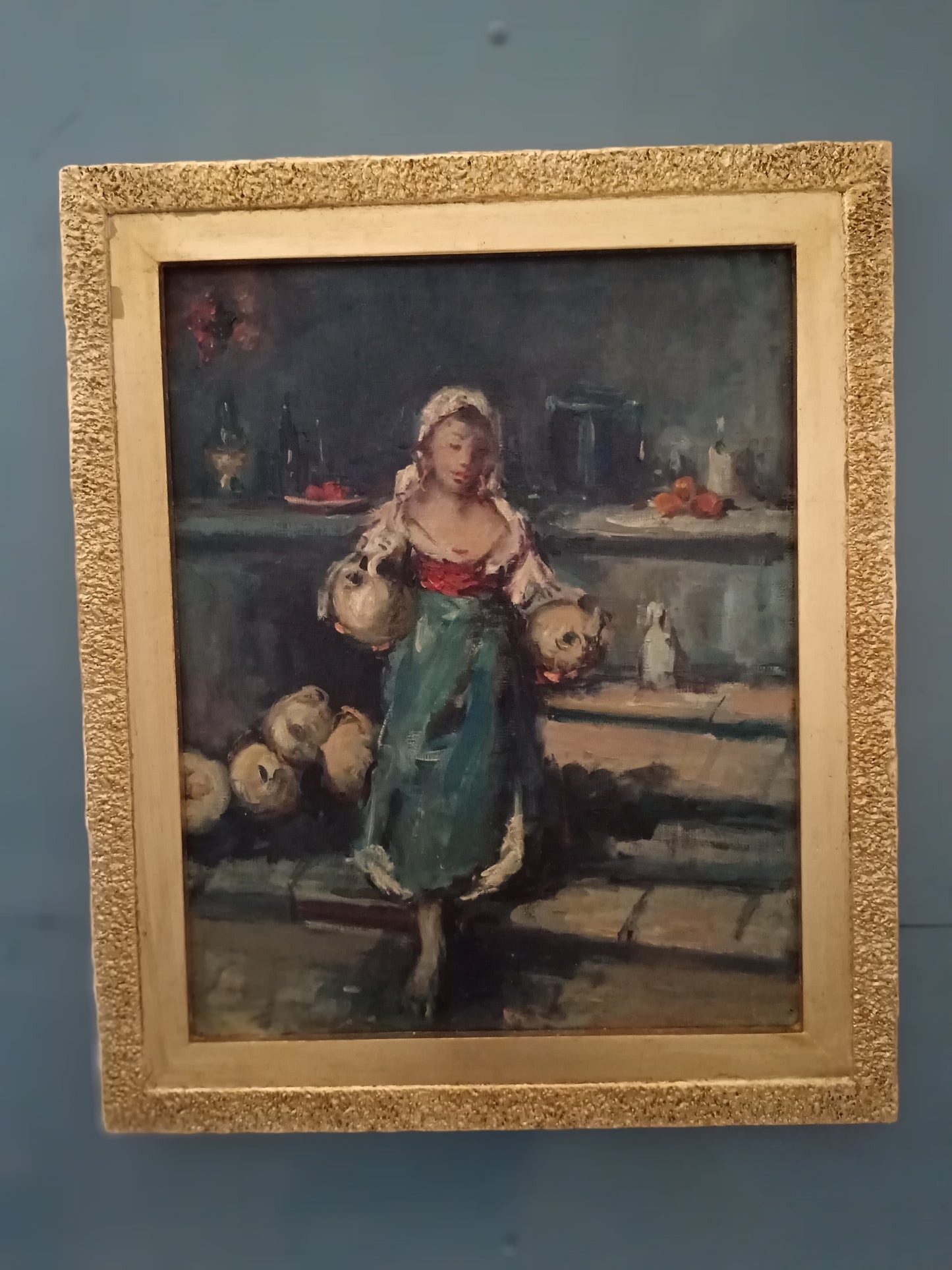 Elegante figura femminile con brocche – Olio su tela del Novecento