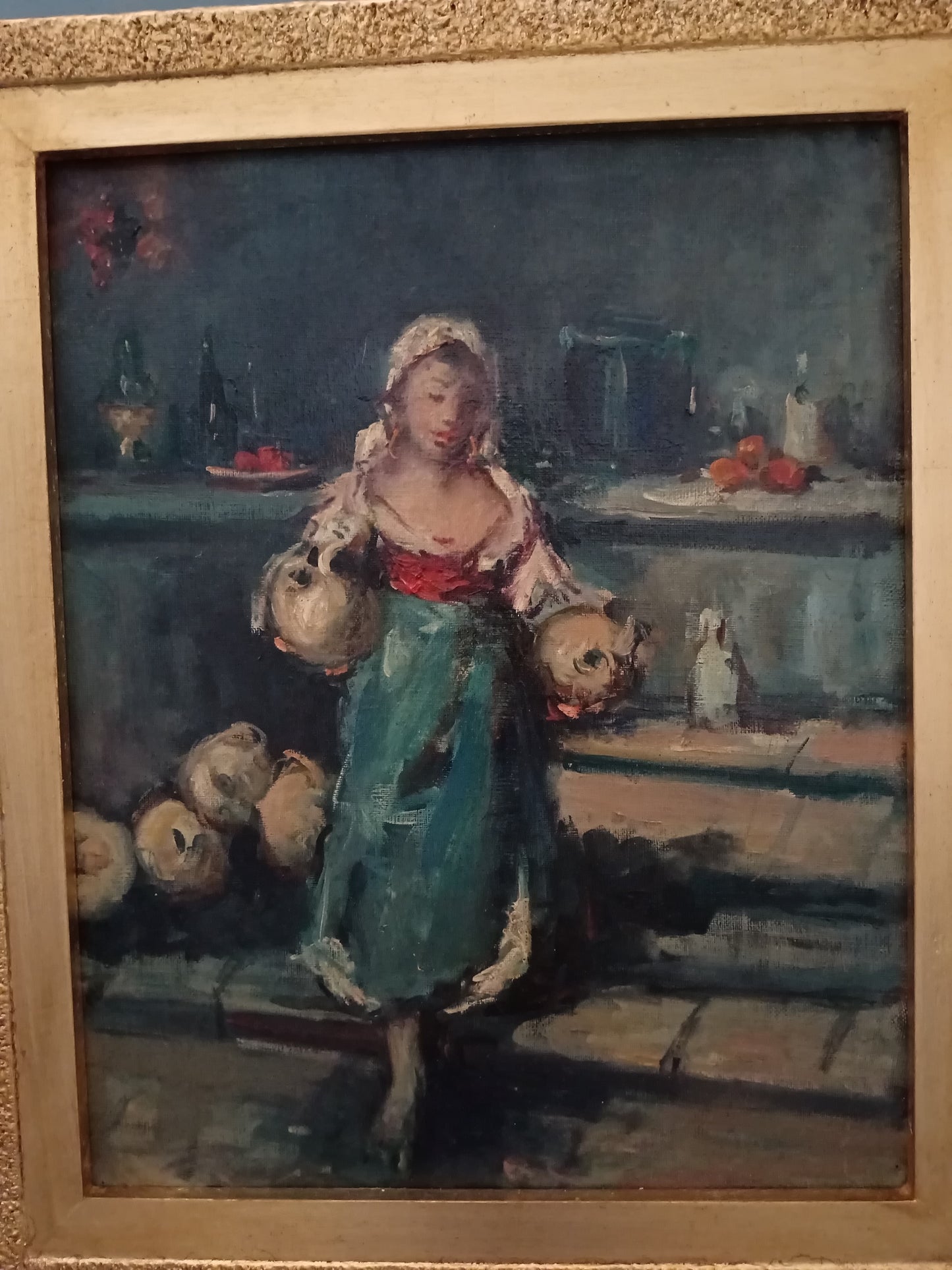 Elegante figura femminile con brocche – Olio su tela del Novecento