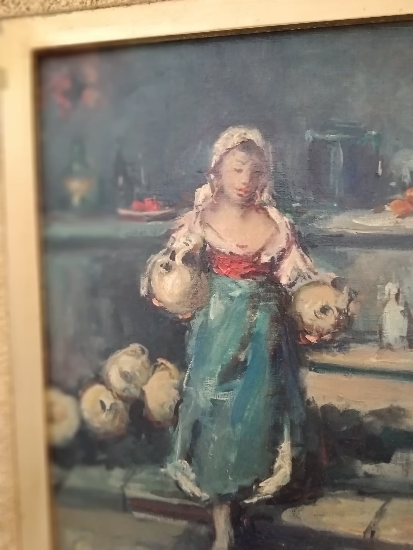 Elegante figura femminile con brocche – Olio su tela del Novecento