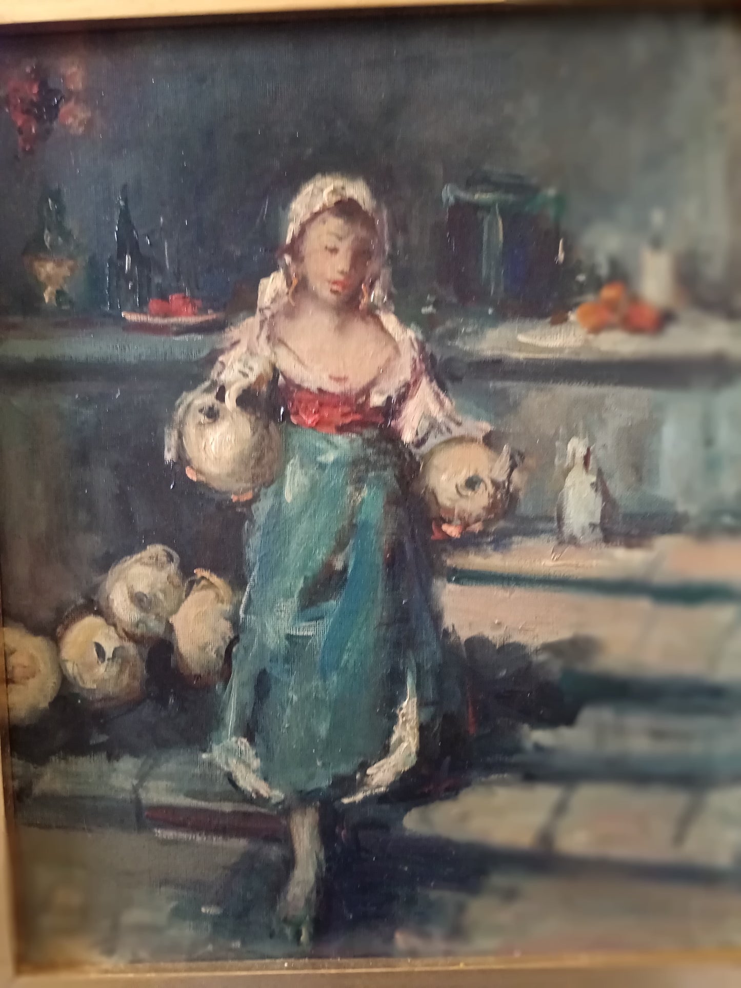 Elegante figura femminile con brocche – Olio su tela del Novecento