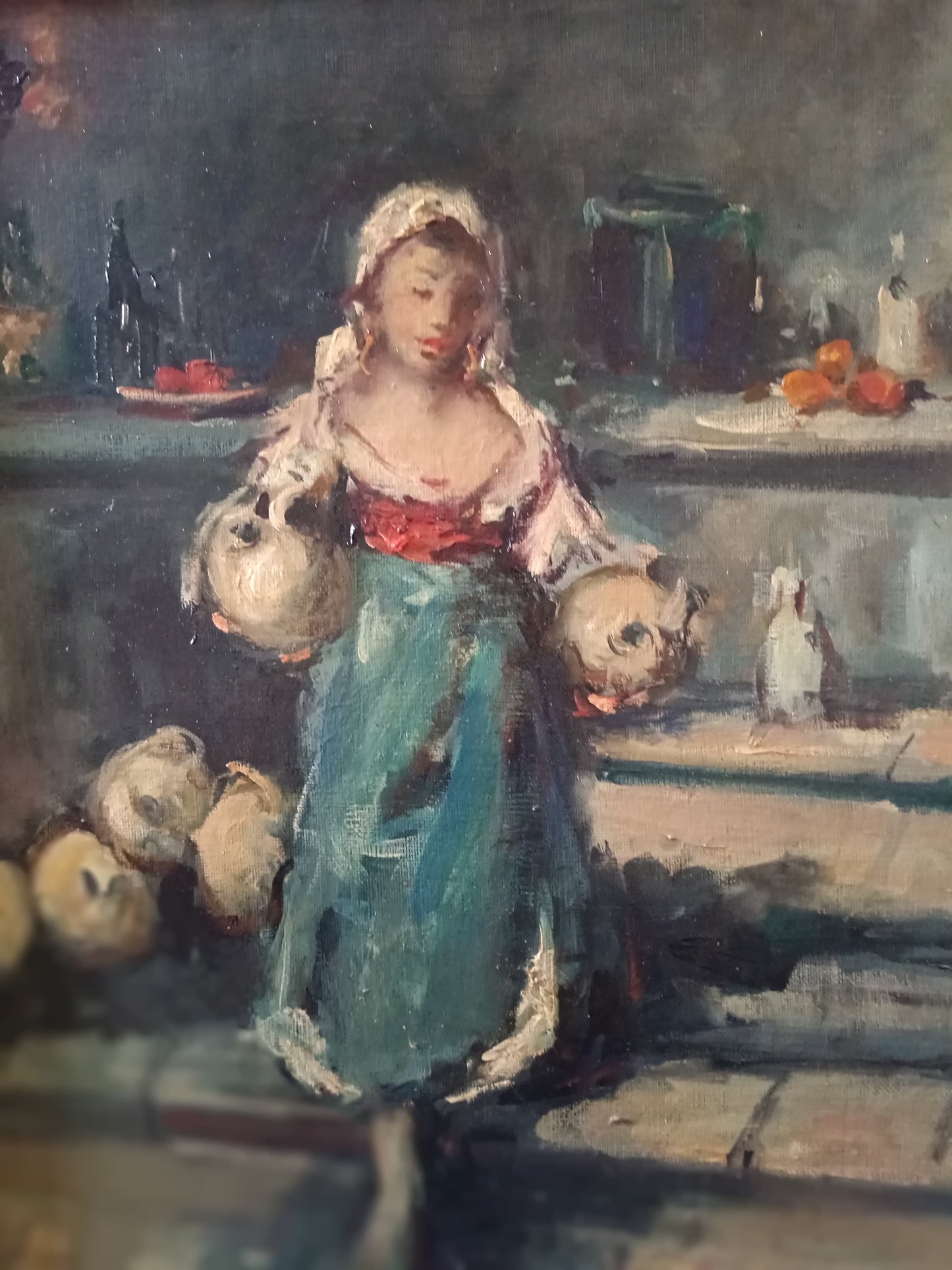Elegante figura femminile con brocche – Olio su tela del Novecento