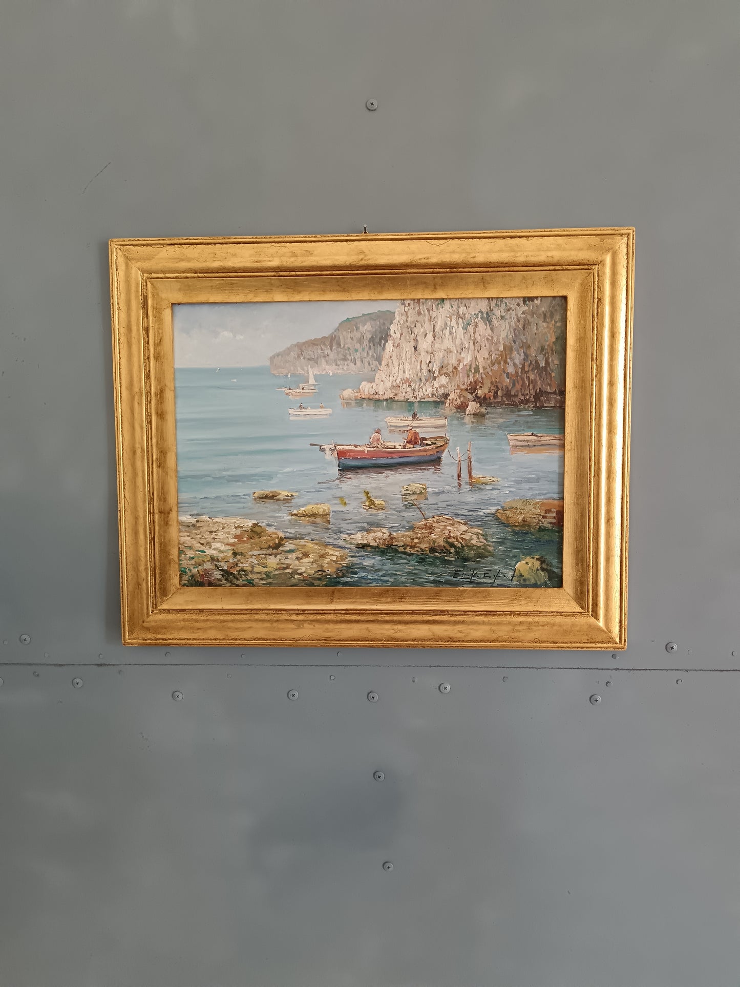 Eniko Esposito (1942-2009) – Marina con Barche, Olio su Legno Firmato 1985
