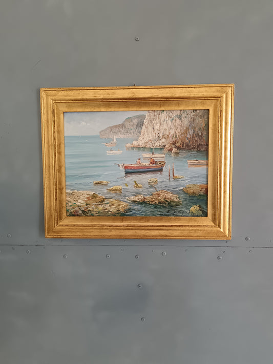 Eniko Esposito (1942-2009) – Marina con Barche, Olio su Legno Firmato 1985