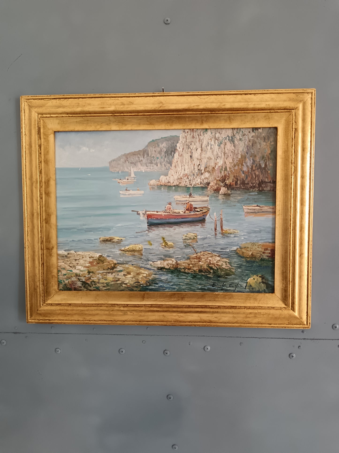 Eniko Esposito (1942-2009) – Marina con Barche, Olio su Legno Firmato 1985