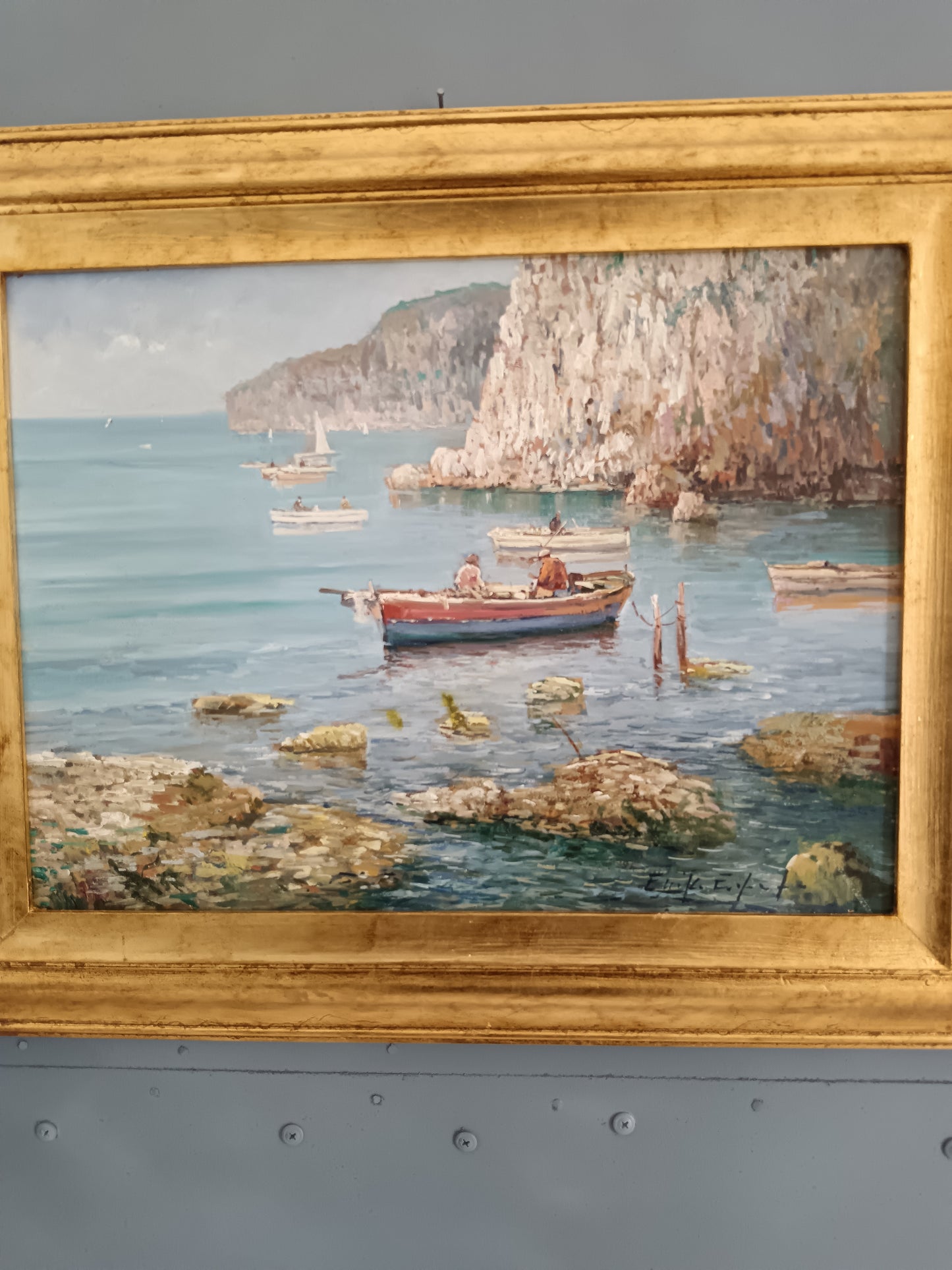 Eniko Esposito (1942-2009) – Marina con Barche, Olio su Legno Firmato 1985